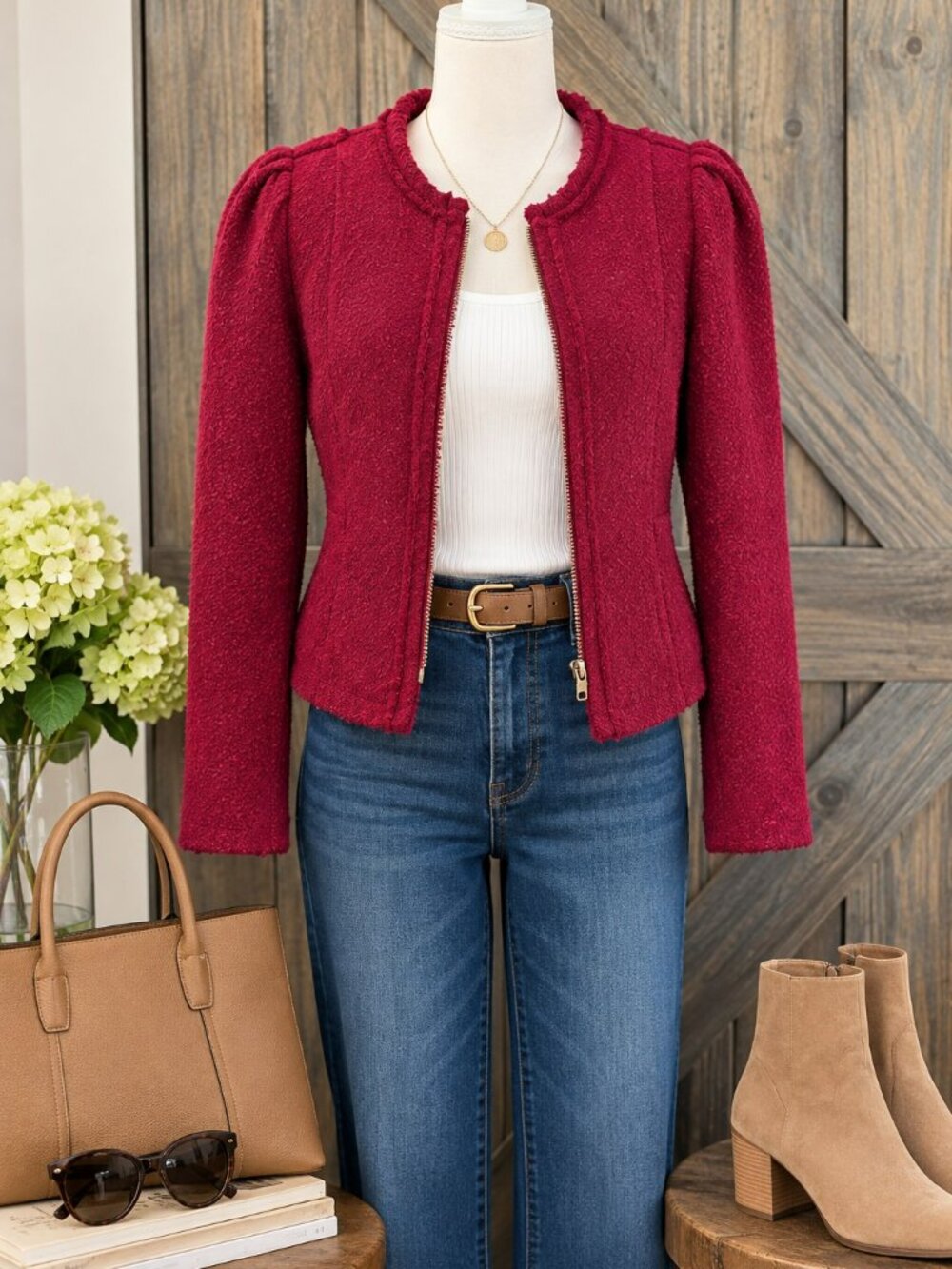 CAbi Style 530 Boucle Zip Jacket Size 4 Berry Wool Blend Lined